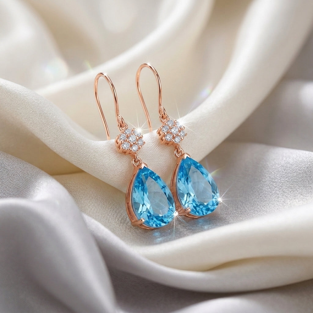 Natural Swiss Blue Topaz Willow Drop Earrings