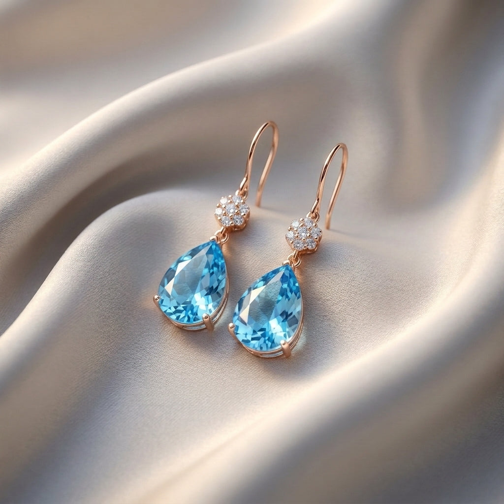 Natural Swiss Blue Topaz Willow Drop Earrings