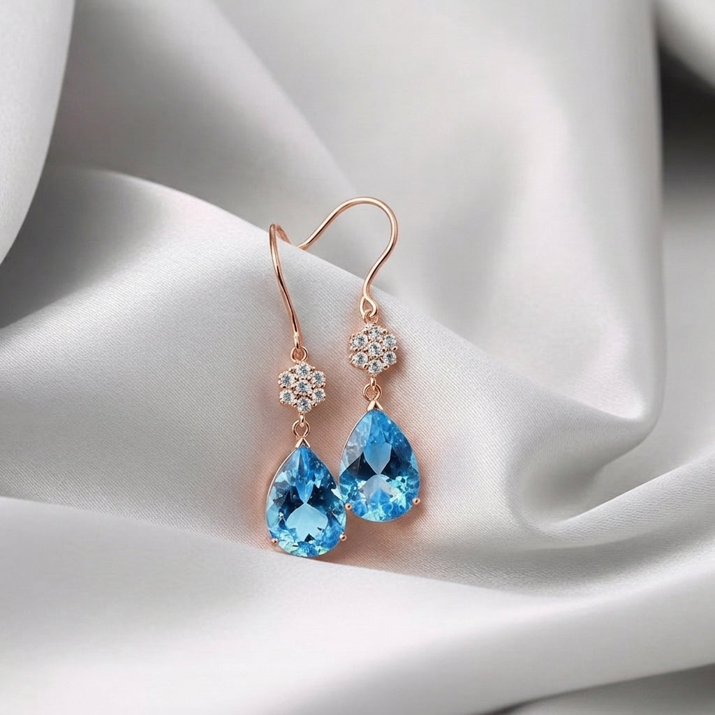 Natural Swiss Blue Topaz Willow Drop Earrings
