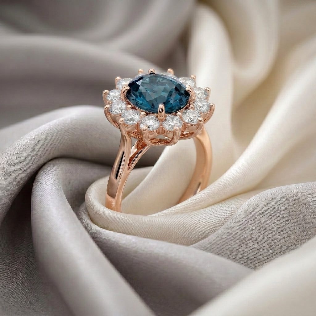 Natural London Blue Topaz Roselle Ring in 925 Sterling Silver