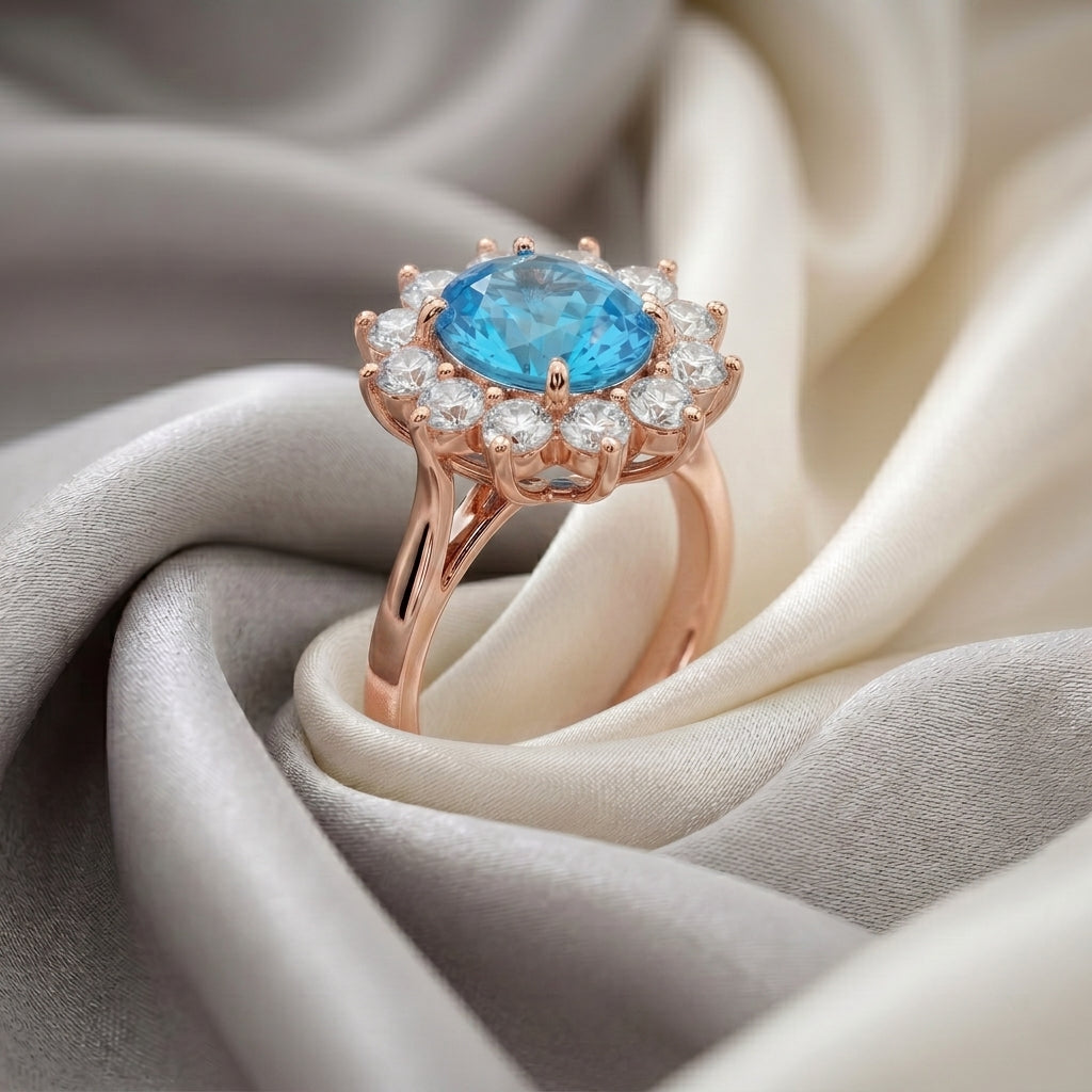 Natural Swiss Blue Topaz Roselle Ring in 925 Sterling Silver