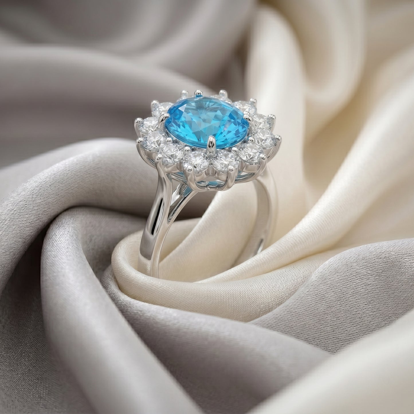 Natural Swiss Blue Topaz Roselle Ring in 925 Sterling Silver