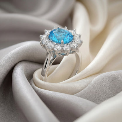 Natural Swiss Blue Topaz Roselle Ring in 925 Sterling Silver